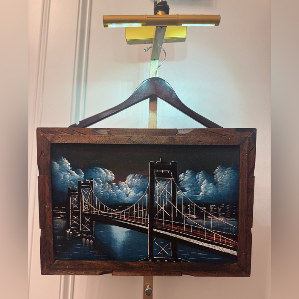 Vtg 60’s 70’s black velvet wood Framed San Francisco bay bridge art painting